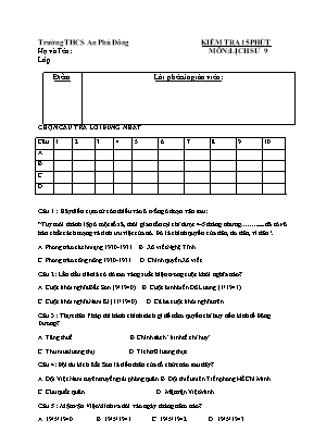 Đề kiểm tra 15 phút môn Lịch sử Khối 9